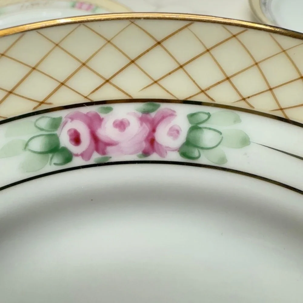 Vintage Nippon‎ Hand Painted Rose Lattice Porcelain Salad Plates 5 Gold Gilding